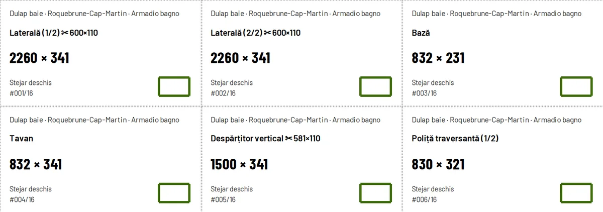 Primele 6 din cele 16 etichete, așa cum le tipărește aplicația
