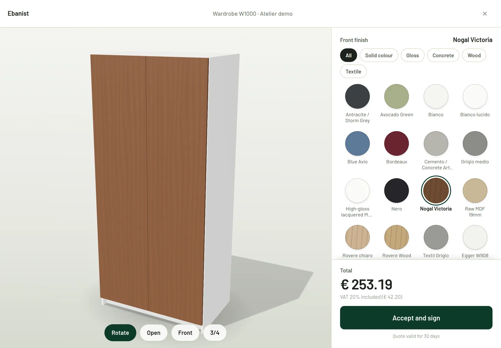Ebanist on a tablet in Client mode: finishes and price