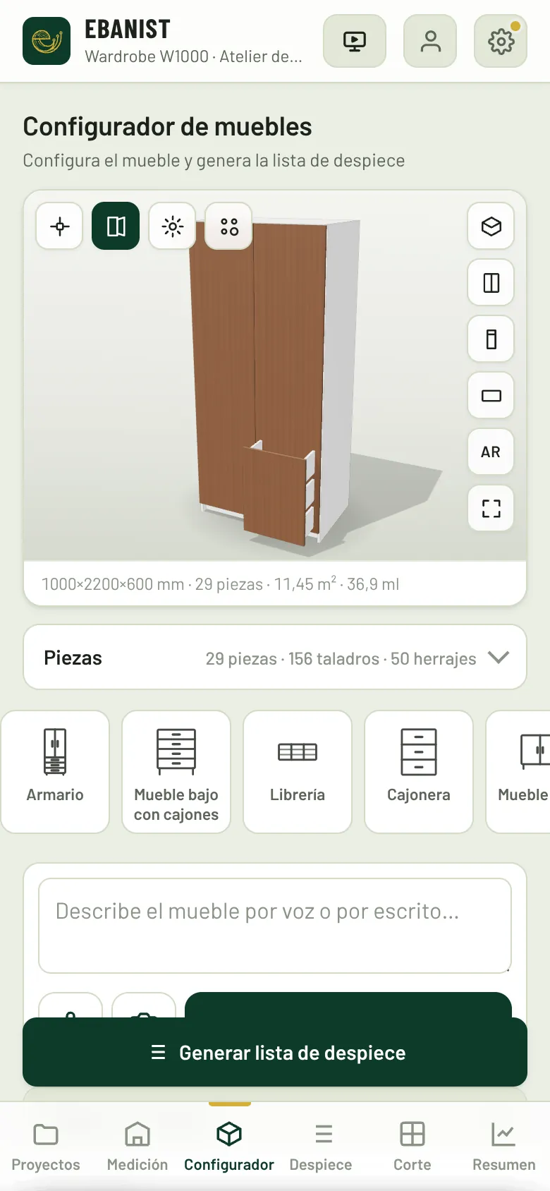 Ebanist en un móvil: el generador con el armario en 3D