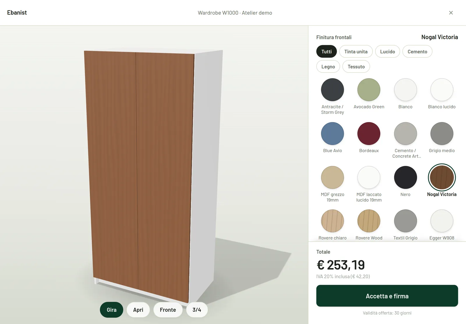 Ebanist sul tablet in modalità Cliente: finiture e prezzo