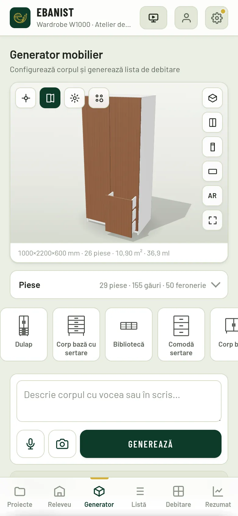 Ebanist pe telefon: generatorul cu dulapul în 3D
